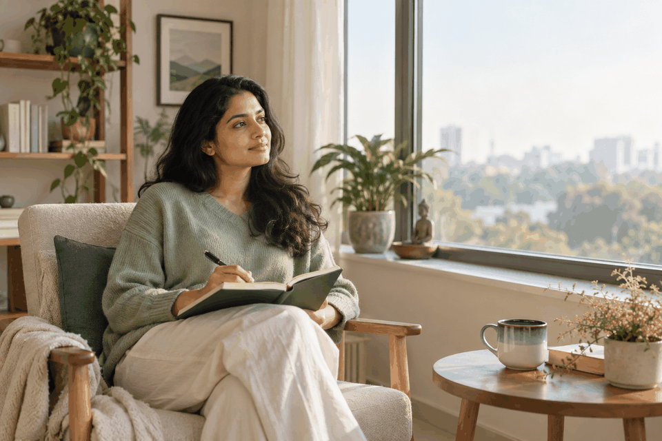 A person reflecting quietly with a journal